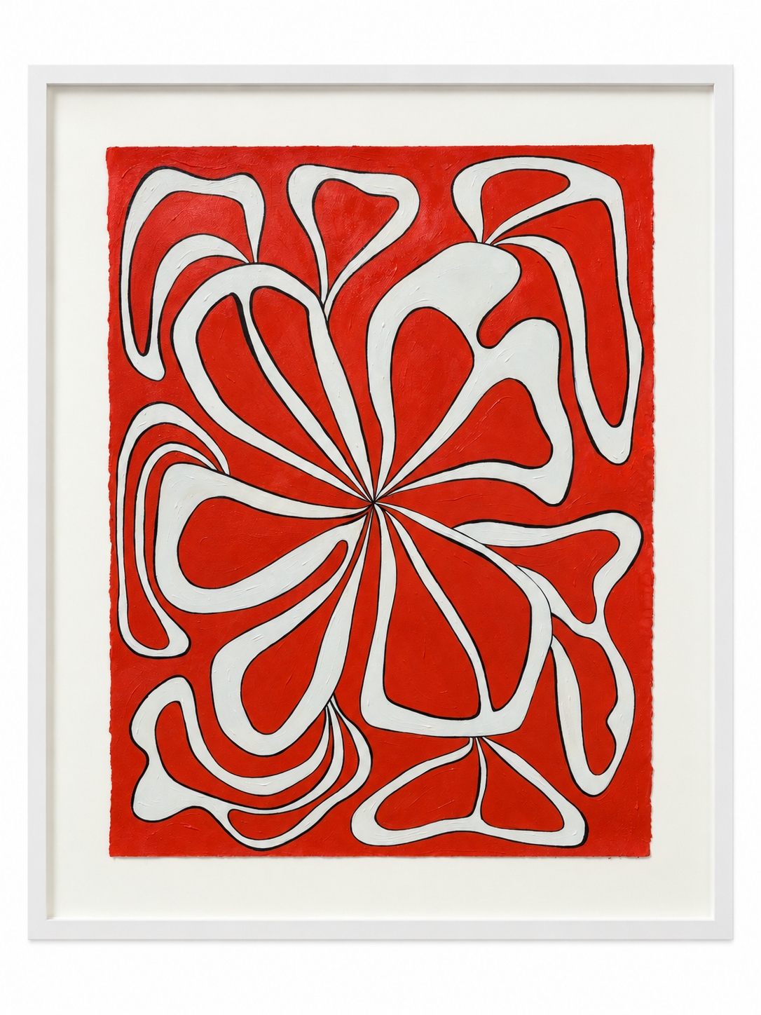 Demeter’s Return: white flower-like forms on red, in a white frame