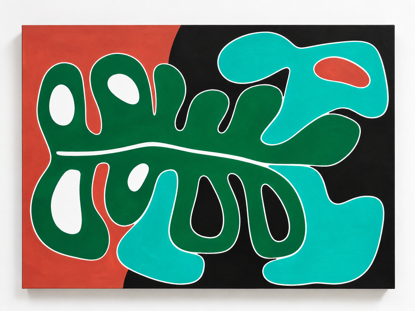 Everybody Has Something to Say: green and turquoise organic forms over terracotta and black