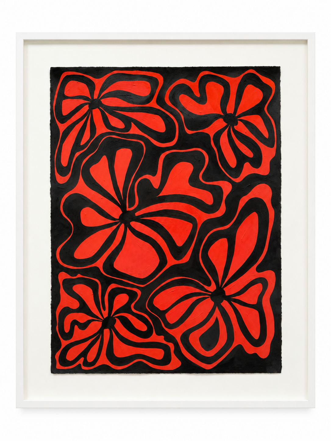 Hades’ Dream: red flower-like forms on black, in a white frame