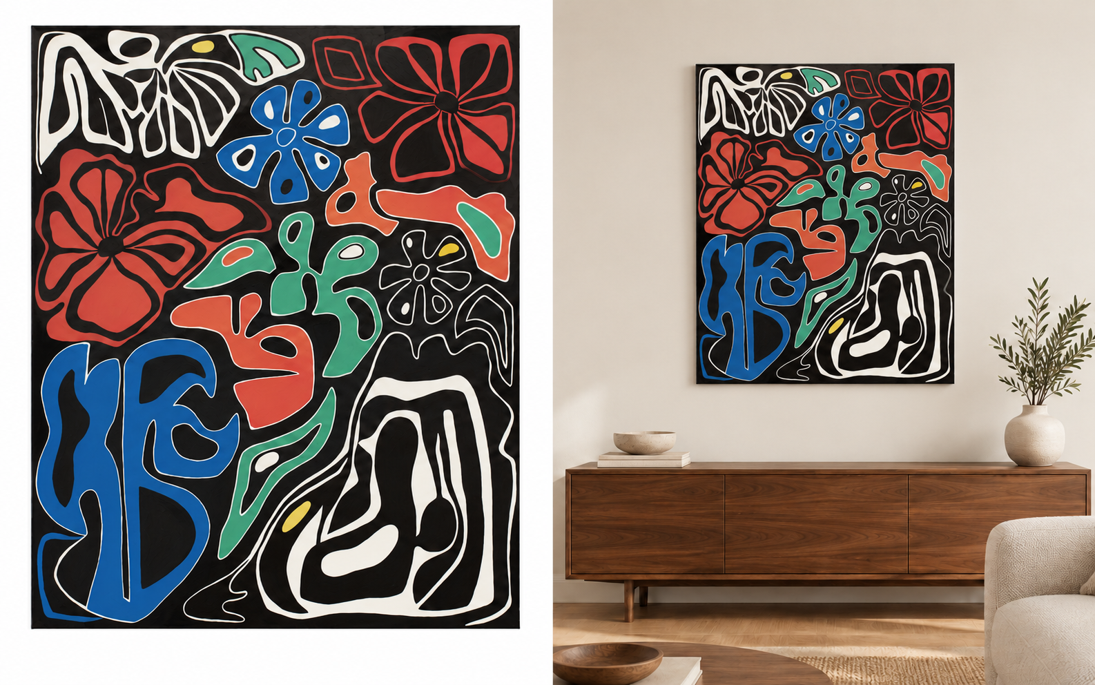 Souls in Limbo: red, blue, green and white organic forms suspended against a dark ground