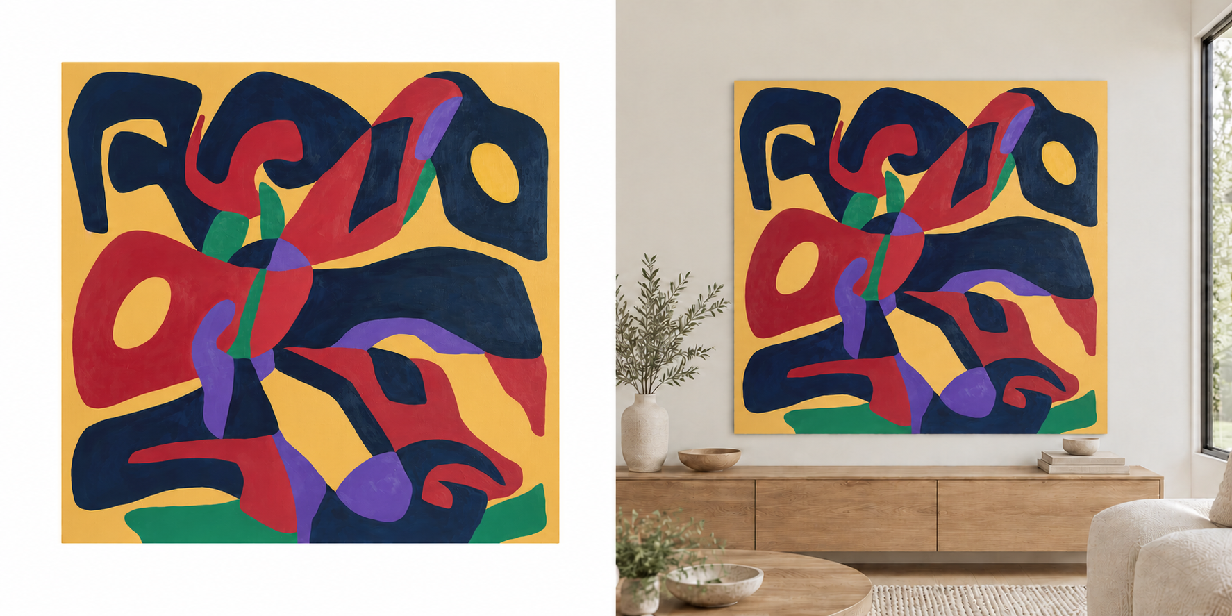 Large yellow painting with interlocking navy, red, purple and green forms